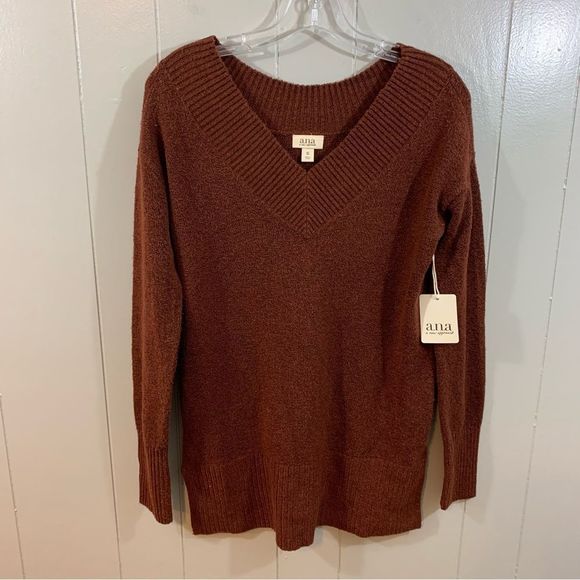 a.n.a Cherry Mahagony Brown Soft Knit V Neck Long Sleeve Sweater XS NEW - Picture 1 of 10